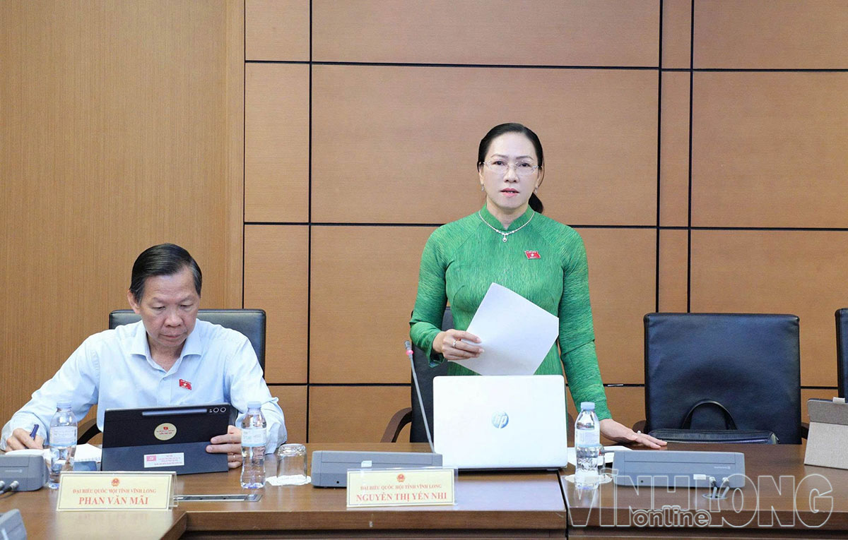 Đại biểu Nguyễn Thị Yến Nhi, Tỉnh ủy viên, Phó Trưởng Đoàn chuyên trách Đoàn ĐBQH tỉnh Vĩnh Long phát biểu tại Tổ sáng ngày 20/10/2026.