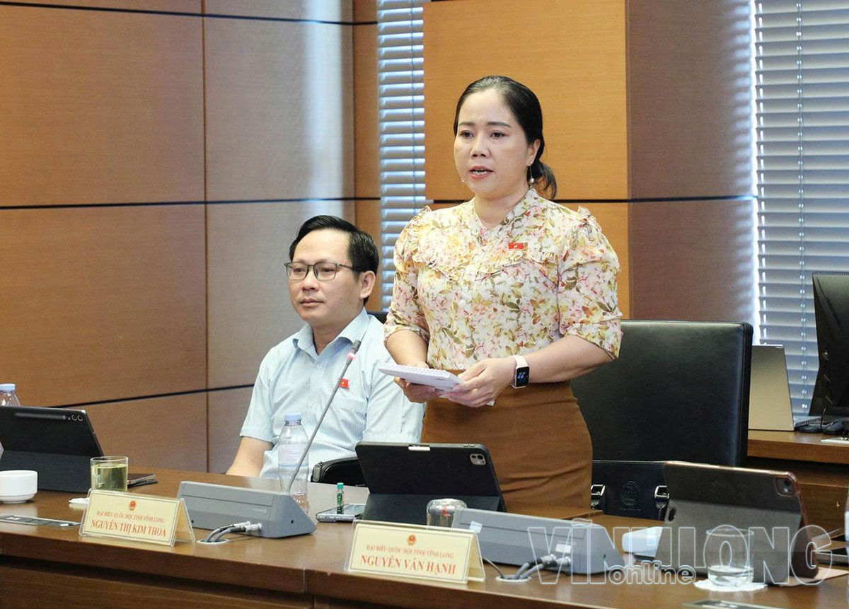 Đại biểu Nguyễn Thị Kim Thoa, Tỉnh uỷ viên, Phó Chủ tịch MTTQVN tỉnh, Chủ tịch Hội Liên hiệp Phụ nữ tỉnh Vĩnh Long phát biểu tại Tổ sáng ngày 18/10.