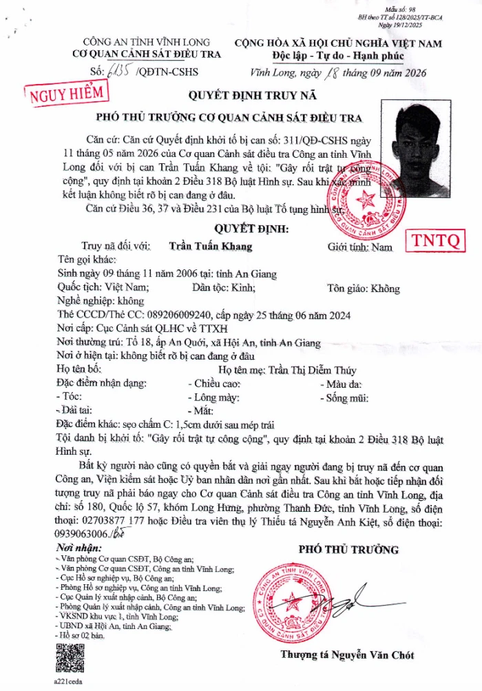 Công an tỉnh Vĩnh Long truy nã bị can Trần Tuấn Khang