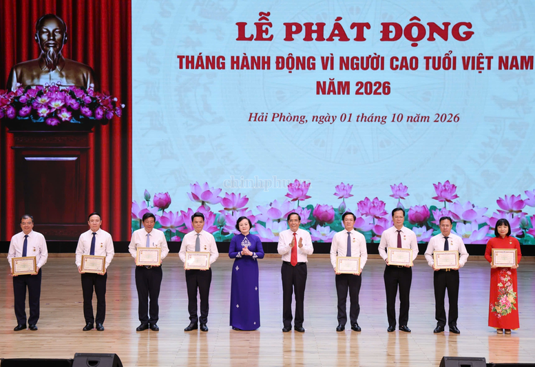 Phó Thủ tướng Phạm Thị Thanh Trà trao kỷ niệm chương, bằng khen cho các tổ chức, cá nhân có nhiều đóng góp cho công tác chăm sóc, phát huy vai trò người cao tuổi - Ảnh: chinhphu.vn/Thu Giang