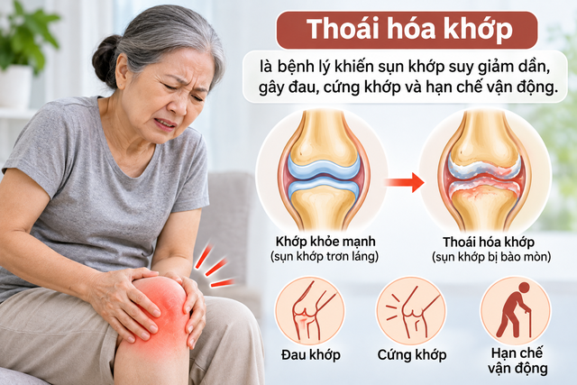 Thoái hóa khớp là bệnh lý khiến sụn khớp suy giảm dần, gây đau, cứng khớp và hạn chế vận động. Ảnh: P.H tạo từ AI