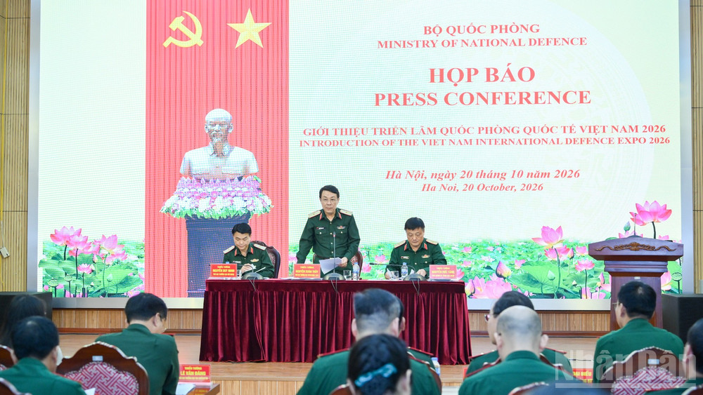 Quang cảnh họp báo giới thiệu Triển lãm Quốc phòng quốc tế Việt Nam 2026. (Ảnh: THẾ ĐẠI)
