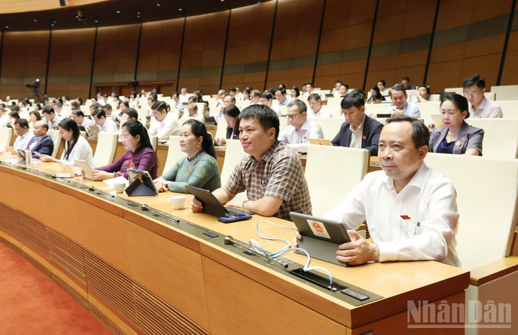 Đại biểu Quốc hội làm việc tại hội trường. (Ảnh: DUY LINH)
