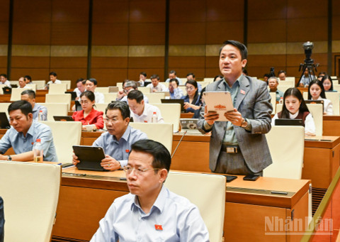 Đại biểu Lê Văn Thế (Đoàn Ninh Bình) phát biểu tại hội trường. (Ảnh: DUY LINH)
