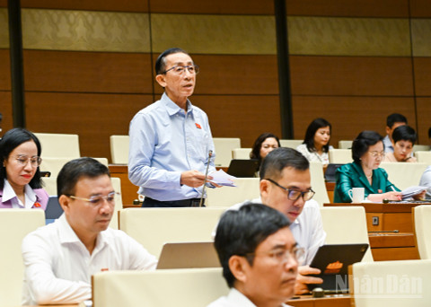 Đại biểu Trần Hoàng Ngân (Đoàn Thành phố Hồ Chí Minh) phát biểu tại hội trường. (Ảnh: DUY LINH)
