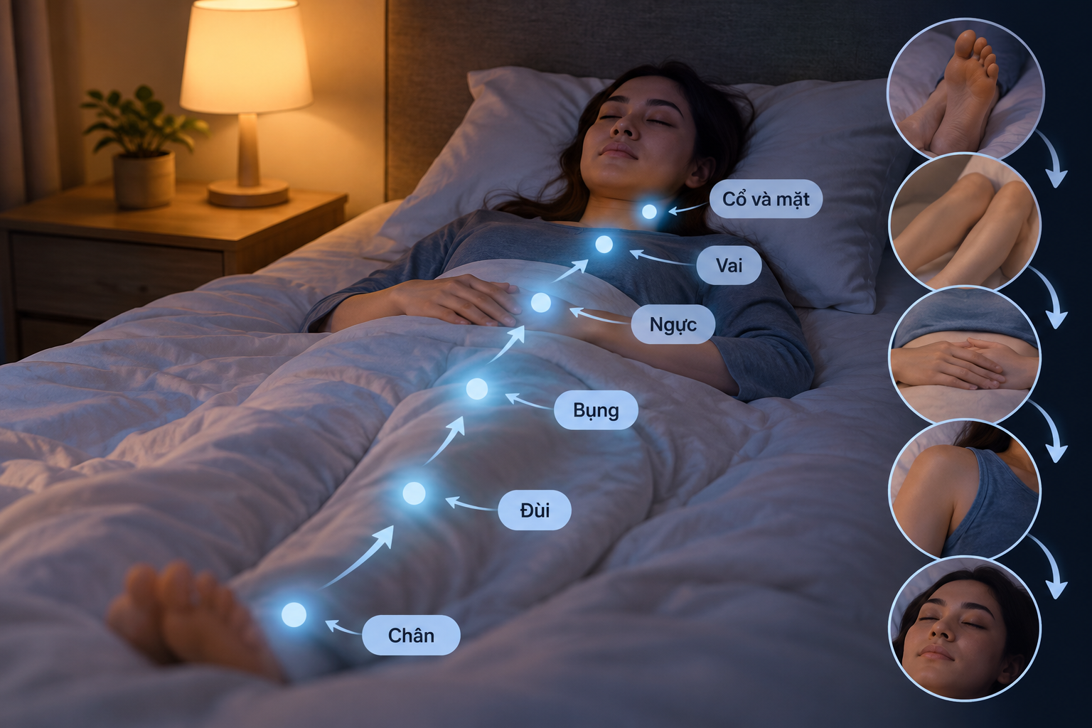 Việc tập trung vào cảm giác cơ thể và chủ động thả lỏng từng nhóm cơ có thể giúp giảm căng thẳng, từ đó tạo điều kiện thuận lợi để ngủ lại.

Ảnh: P.H tạo từ AI

