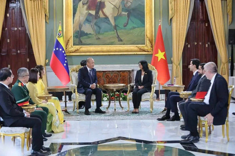 Tổng thống lâm thời Venezuela, Delcy Rodríguez tiếp Đại sứ Võ Tuấn Ngọc sau Lễ trình Quốc thư. (Ảnh: Đại sứ quán Việt Nam tại Venezuela cung cấp)
