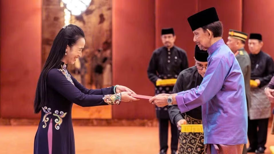 Đại sứ Đỗ Thuỳ Dương trình Quốc thư lên Quốc vương Brunei Darussalam Haji Hassanal Bolkiah. (Ảnh: Đại sứ quán Việt Nam tại Brunei cung cấp)
