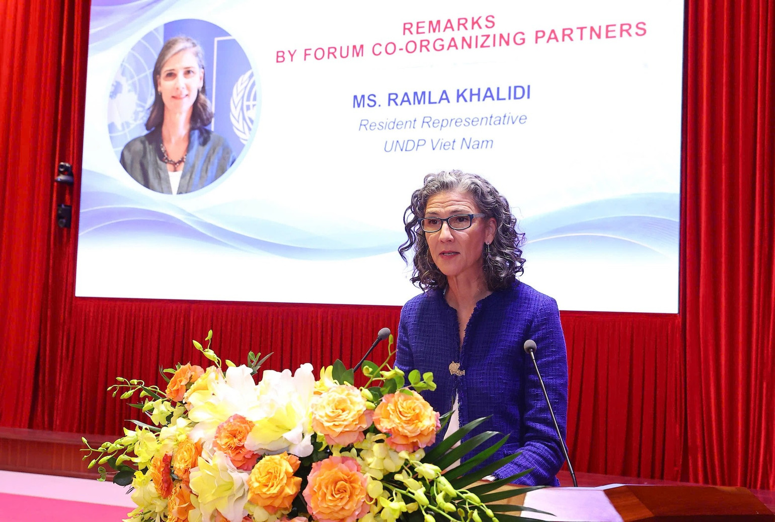 Bà Ramla Khalidi, Trưởng Đại diện thường trú UNDP tại Việt Nam phát biểu tại Diễn đàn.
