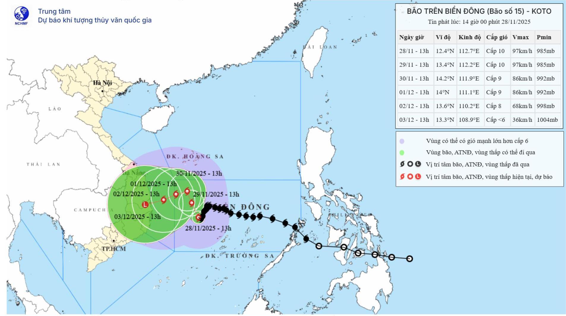 Bản đồ dự báo quỹ đạo và cường độ bão số 15 phát lúc 14 giờ ngày 28/11/2025.