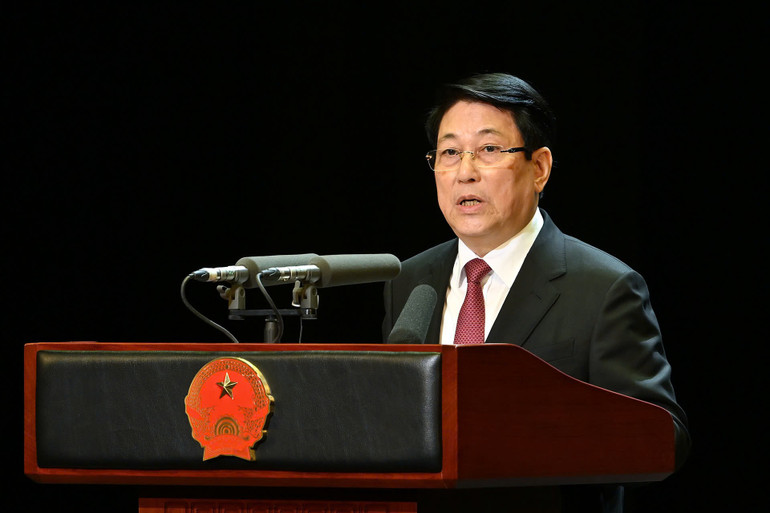 Chủ tịch nước Lương Cường phát biểu tại buổi lễ. (Ảnh: Thủy Nguyên)