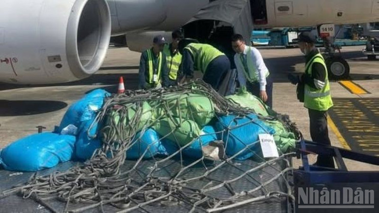 Vận chuyển hàng cứu trợ bằng đường không tới bà con vùng bão lũ. (ẢNH: THANH HÀ)