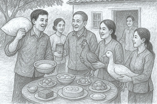 Hàng xóm thân thiết đến mức chỉ cần nghe tiếng dao thớt, nghe tiếng gọi nhau cười nói, là biết nhà đó sắp có đám. Người ta tự tới phụ, không đợi mời. Ảnh minh họa: AI

