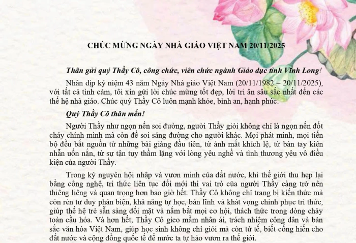 THƯ CHÚC MỪNG NGÀY NHÀ GIÁO VIỆT NAM 20/11/2025