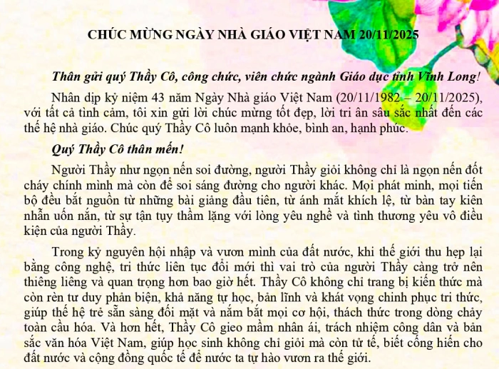 THƯ CHÚC MỪNG NGÀY NHÀ GIÁO VIỆT NAM 20/11/2025