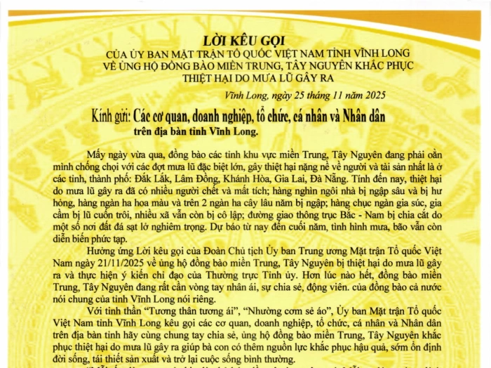 Lời kêu gọi của Ủy ban MTTQ Việt Nam tỉnh Vĩnh Long ủng hộ đồng bào bị bão lũ