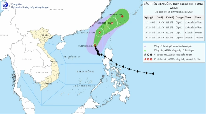 Bão số 14 di chuyển theo hướng Bắc Tây Bắc, có thể gây gió mạnh, sóng lớn
