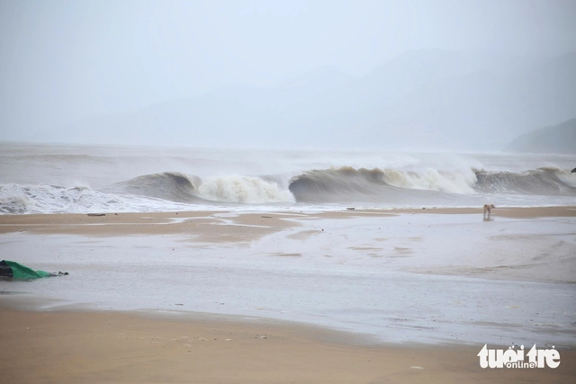 Sóng biển ven đường Xuân Diệu (phường Quy Nhơn) dâng cao, liên tục đánh mạnh vào bờ, tạo ra những cột nước tung bọt trắng xóa - Ảnh: MINH HÒA