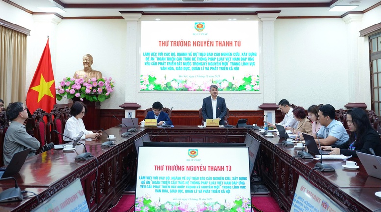 Thứ trưởng Bộ Tư pháp Nguyễn Thanh Tú phát biểu tại buổi làm việc. Ảnh: VGP/BP

