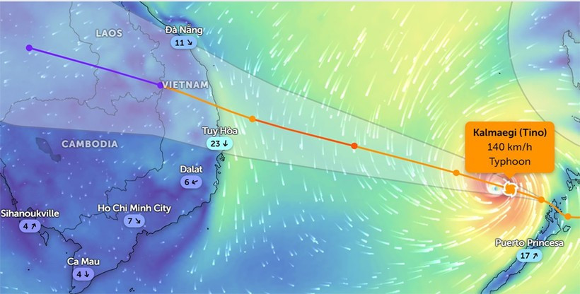 Vị trí bão số 13 lúc 11 giờ 20 phút ngày 5/11. (Ảnh Zoom Earth)
