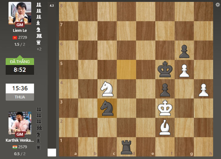 Lê Quang Liêm (đen) giành chiến thắng chung cuộc sau 68 nước đi - Ảnh chụp màn hình