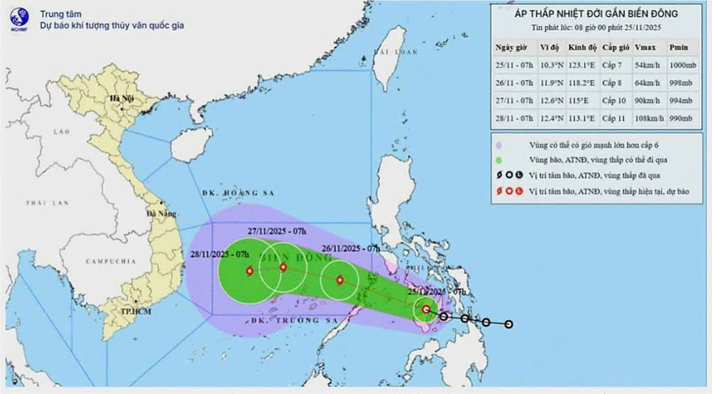  Bản đồ dự báo quỹ đạo và cường độ bão lúc 8 giờ ngày 25/11/2025.