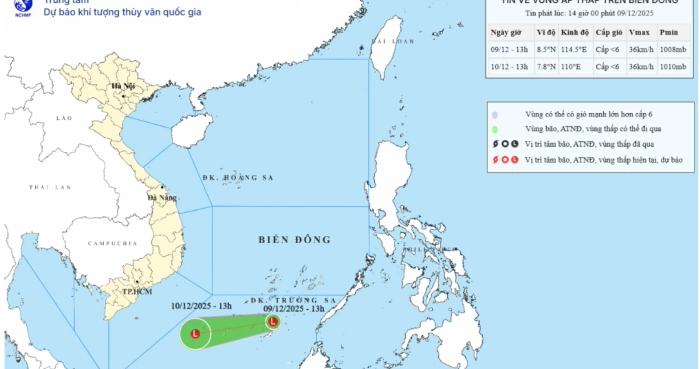 Xuất hiện vùng áp thấp đang hoạt động trên khu vực phía Nam Biển Đông