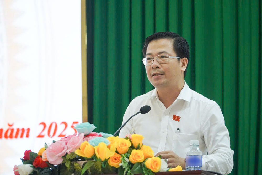 Đại biểu Lê Thanh Bằng - Phó Giám đốc Sở Tư pháp báo cáo tóm tắt Kỳ họp lần thứ ba HĐND tỉnh khóa X.