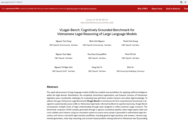 Bộ chuẩn đánh giá VLegal - Bench của nhóm nghiên cứu C-OpenAI đăng ký trên cổng arXiv của Trường đại học Cornell - Mỹ phiên bản mới nhất cập nhật ngày 25-12-2025.

