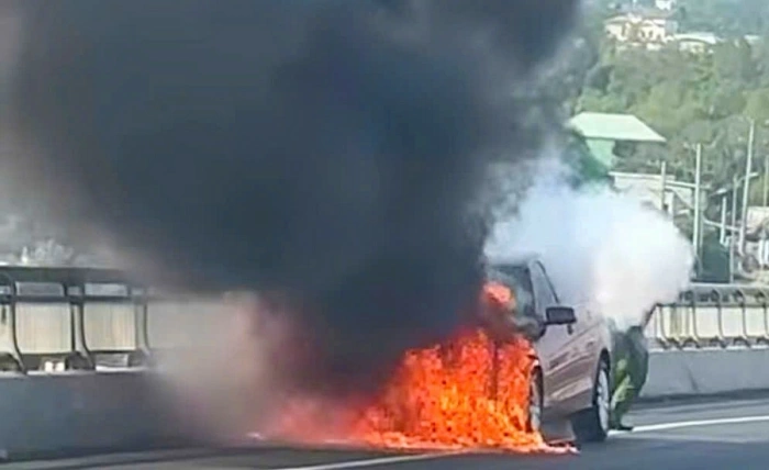 Ô tô bốc cháy dữ dội khi đang chạy trên cầu Rạch Miễu