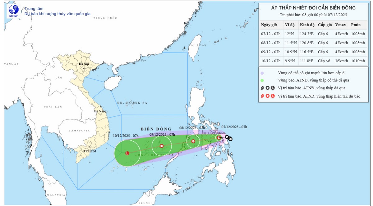 Bản đồ dự báo quỹ đạo và cường độ áp thấp nhiệt đới phát lúc 8 giờ ngày 7/12/2025.