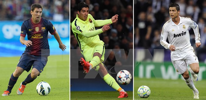 Lionel Messi (người Argentina- trái), Cristiano Ronaldo (Bồ Đào Nha- phải) và Luis Suarez (Urugoay-giữa). (Nguồn: AFP/TTXVN)