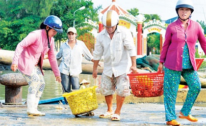 Vào lúc sáng sớm và chiều tà, làng biển tấp nập người mua bán và vận chuyển các loại hải sản sau chuyến đánh bắt của các tàu cá.