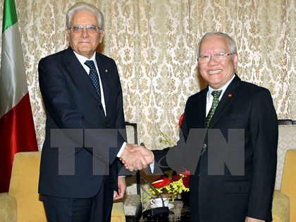 Chủ tịch Ủy ban Nhân dân Thành phố Hồ Chí Minh Lê Hoàng Quân hội kiến Tổng thống Italy Sergio Mattarella. (Ảnh: Thanh Vũ/TTXVN)