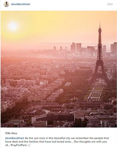 Thông điệp hướng về Paris được Beckham chia sẻ trên tài khoản Instagram.