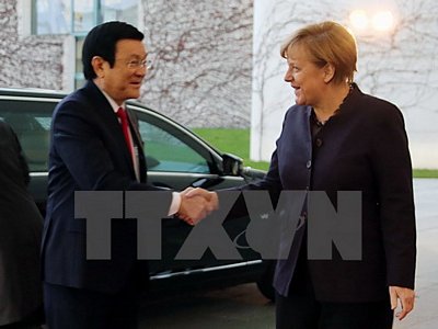 Chủ tịch nước Trương Tấn Sang gặp Thủ tướng Cộng hòa Liên bang Đức Angela Merkel. (Ảnh: Nguyễn Khang/TTXVN)