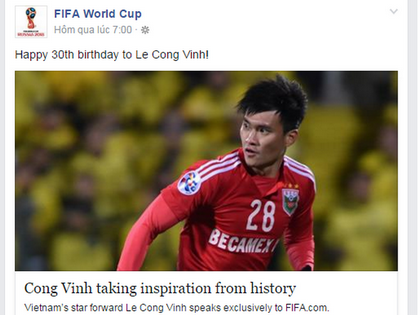 Trang Facebook FIFA chúc mừng sinh nhật Công Vinh. (Ảnh chụp màn hình)