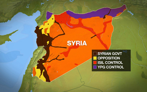 Các vùng kiểm soát ở Syria (của chính phủ, phe đối lập, IS và người Kurd). Đồ họa: Al Jazeera.