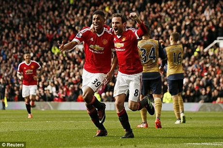 Marcus Rashford (số 39) lập cú đúp vào lưới Arsenal. (Nguồn: Reuters)