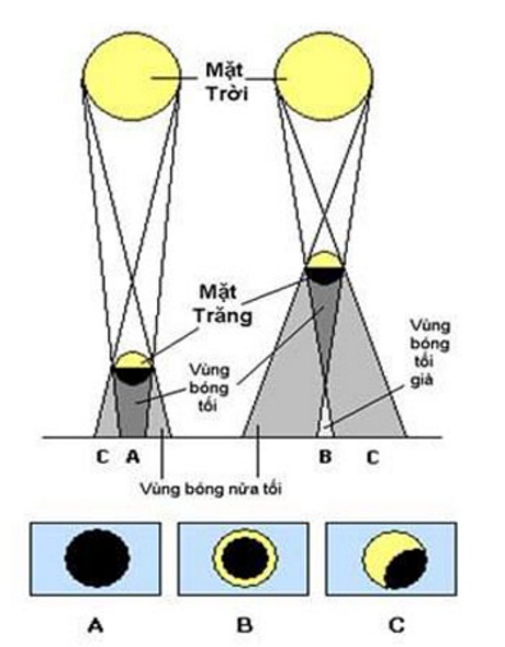 So sánh giữa nhật thực toàn phần (trái) và nhật thực hình khuyên (phải). Nếu đứng trong vùng bóng tối (a), vùng bóng tối giả (b) và vùng bóng nửa tối (c) thì sẽ quan sát được tương ứng nhật thực toàn phần, hình khuyên và một phần. Đồ họa: HAAC.