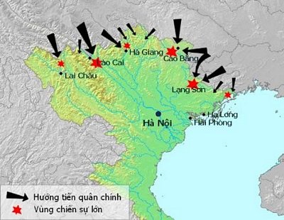  Bản đồ 2 mặt trận tấn công chính của quân Trung Quốc là Quảng Tây và Vân Nam cùng các mũi tấn công.