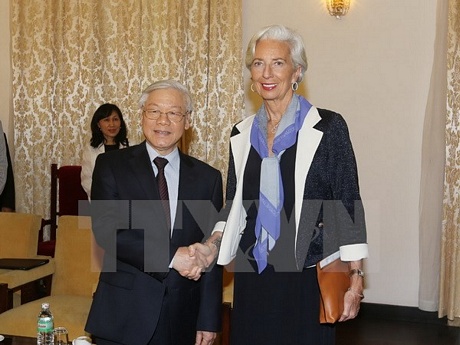 Tổng Bí thư Nguyễn Phú Trọng tiếp Tổng Giám đốc Quỹ tiền tệ Quốc tế ( IMF) Christine Largarde sang thăm và làm việc tại Việt Nam. (Ảnh :Trí Dũng/TTXVN)