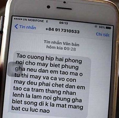 Tin nhắn của kẻ lạ đe dọa tính mạng chủ Nhà hàng Hưng Phát 2 củng người thân trong gia đình.