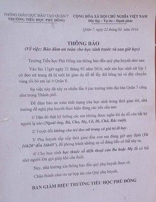 Thông báo của trường tiểu học Phù Đổng về việc đảm bảo an toàn cho học sinh sau giờ tan trường