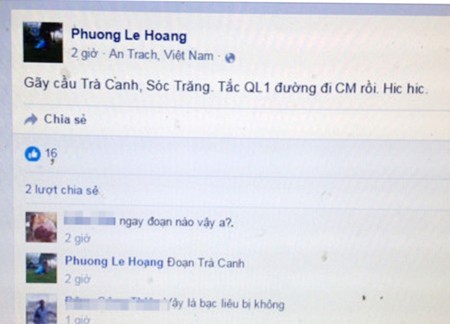 Facebook của một người có nickname Phuong Le Hoang tung tin gãy cầu Trà Canh ngày 5/4.