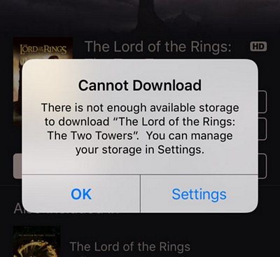 Thông báo hiển thị khi bạn thuê nội dung từ iTunes có dung lượng lớn hơn bộ nhớ trống của máy
