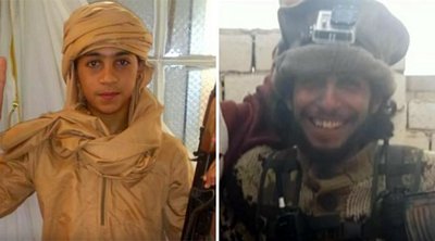 Younes Abaaoud (trái) trong một bức ảnh tuyên truyền của IS và anh trai Abdelhamid Abaaoud (Nguồn: RT)