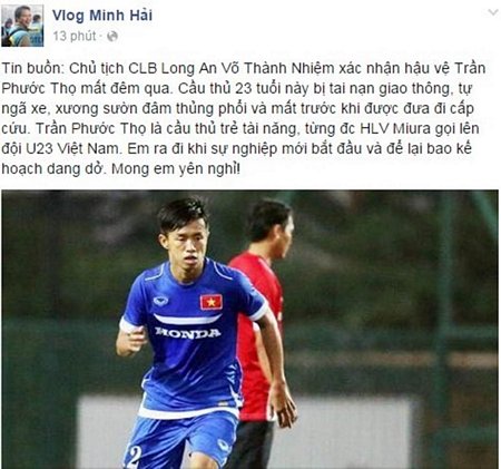 Nhà báo Minh Hải báo tin Phước Thọ đã qua đời vì tai nạn giao thông.