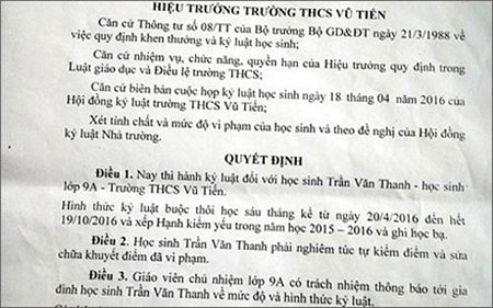 Quyết định đình chỉ học tập 6 tháng đối với một trong ba em học sinh lớp 9 của trường THCS Vũ Tiến 