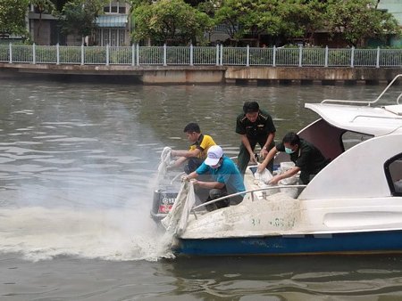 Thả vi sinh zeolite để xử lý môi trường trên kênh Nhiêu Lộc-Thị Nghè. (Ảnh: Thanh Vũ/TTXVN)